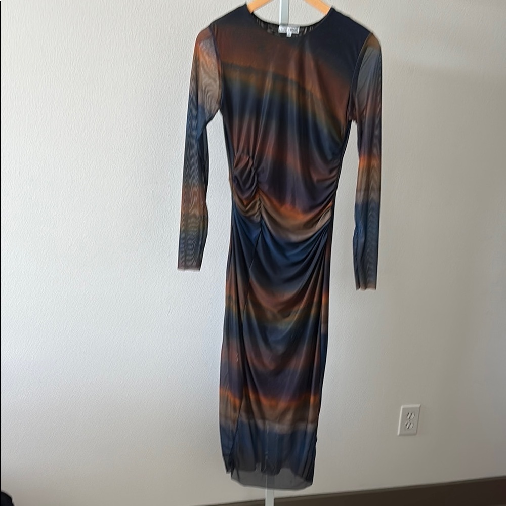 BodyCon Dress L Ruched Ombre Sunset Sheer Sleeves Y2K Dark Fairy Ethereal Grunge - Picture 6 of 15